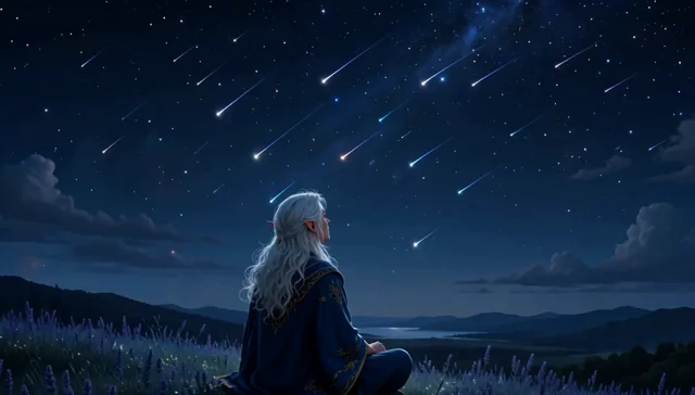 A character watching a meteor shower