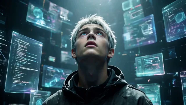 A person surrounded by interactive screens